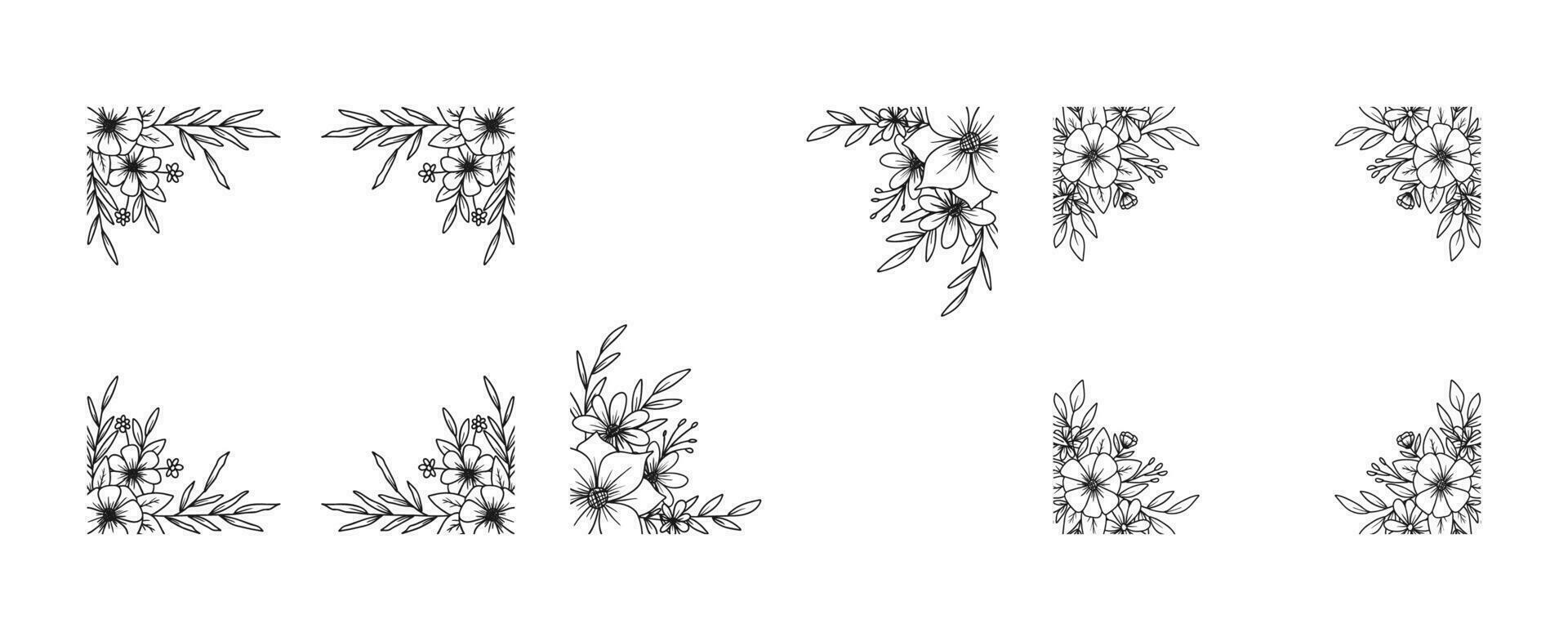 Set of Hand drawn flowers and leaves square border outline floral arrangement vector