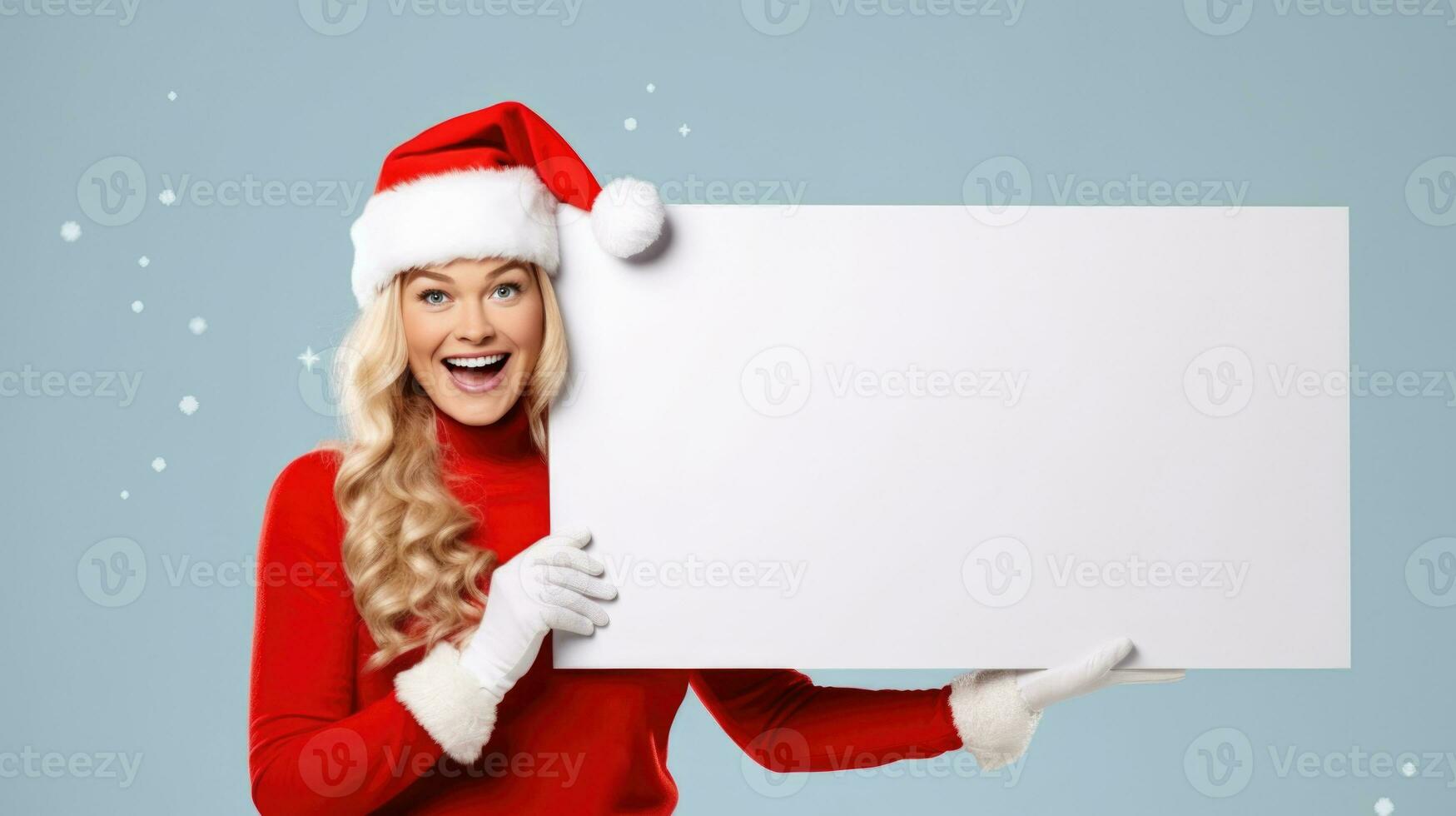 Happy Woman Wearing a Santa's Hat for Christmas Holding a Blank Sign on a Blue Background with Space for Copy. AI generative photo