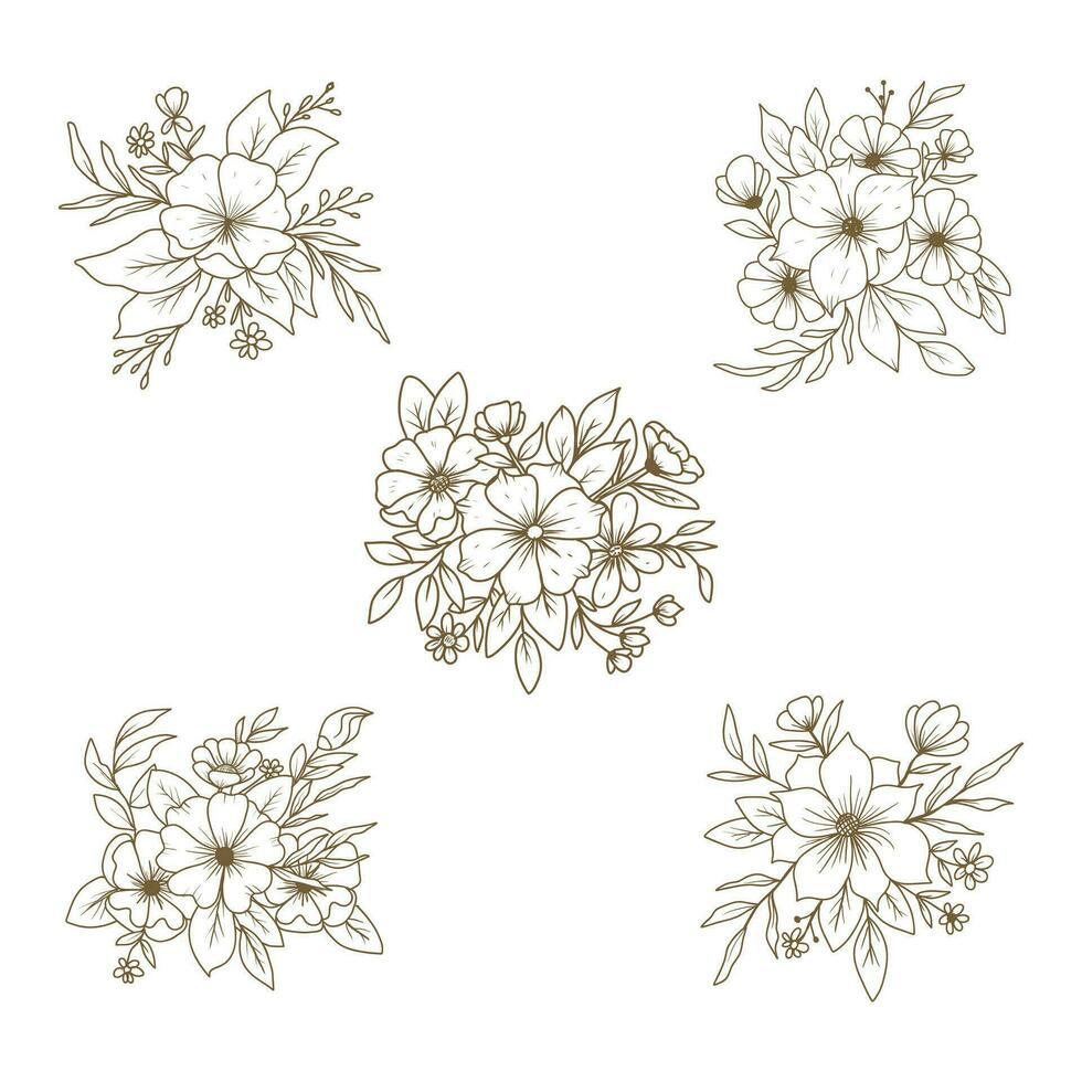 un conjunto de mano dibujado floral preparativos contorno flores y hojas ramo de flores vector