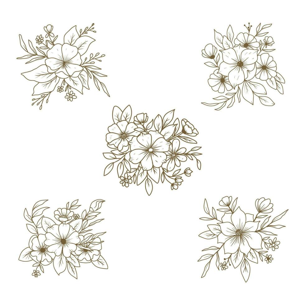 A set of Hand drawn floral arrangements outline flowers and leaves bouquet vector