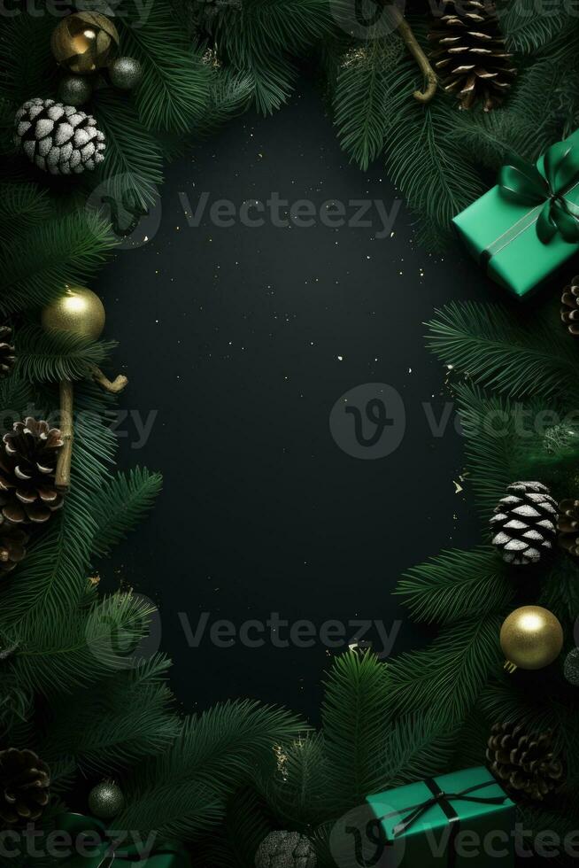 Christmas frame with xmas tree on black canvas background. Merry Christmas card. Winter holiday theme. Happy New Year. Space for text. AI generative photo