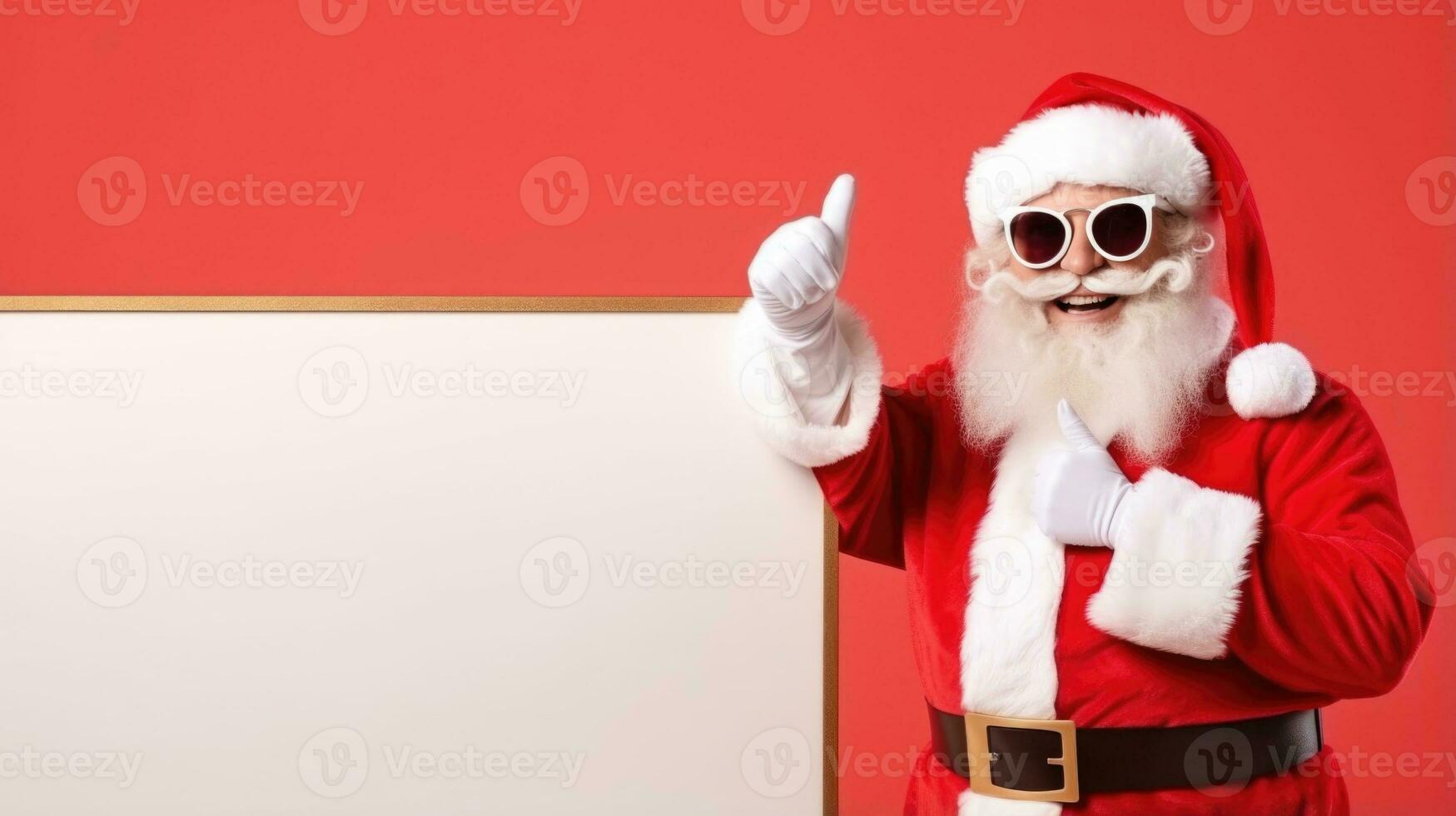 Santa Claus in sunglasses with blank frame board with empty copy space on red background. AI generative photo