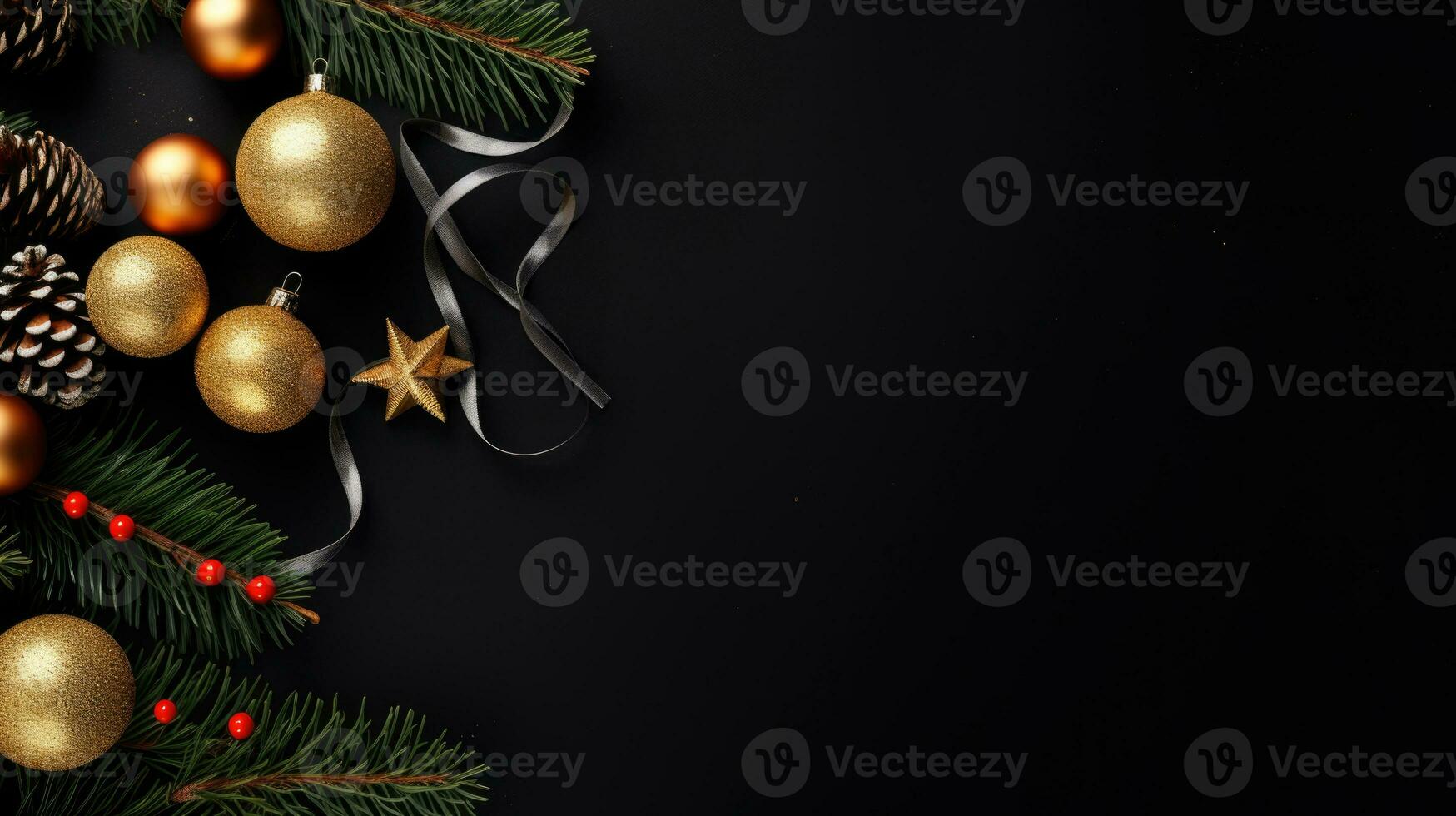 Christmas frame with xmas tree on black canvas background. Merry Christmas card. Winter holiday theme. Happy New Year. Space for text. AI generative photo