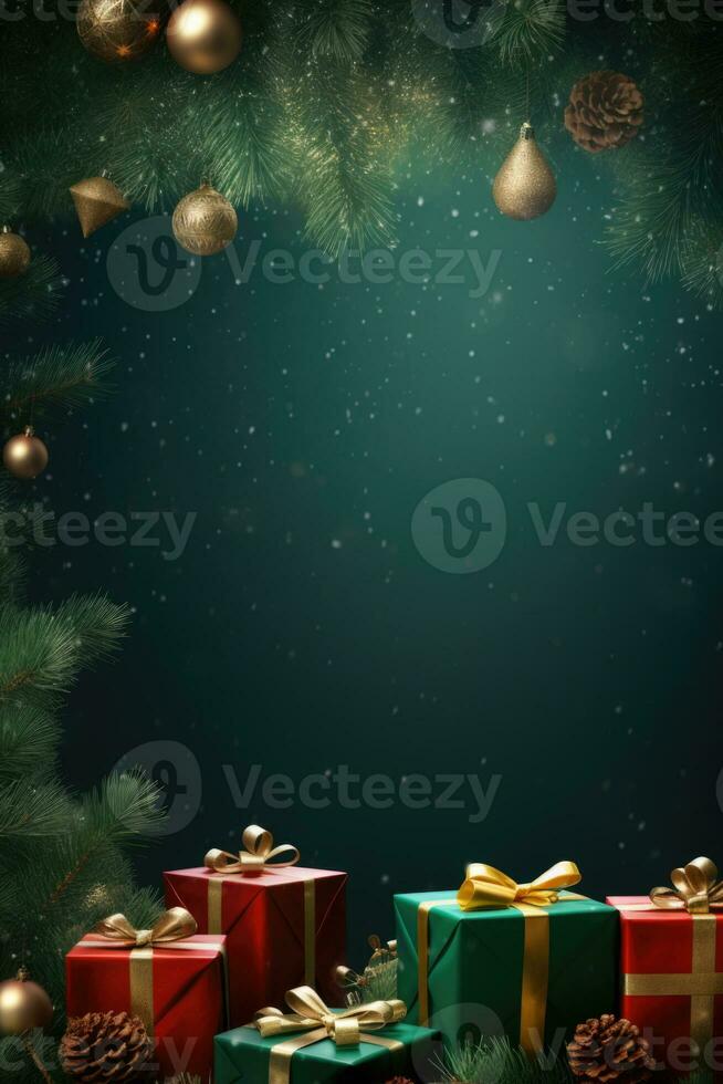 Christmas frame with xmas tree on green canvas background. Merry Christmas card. Winter holiday theme. Happy New Year. Space for text. AI generative photo