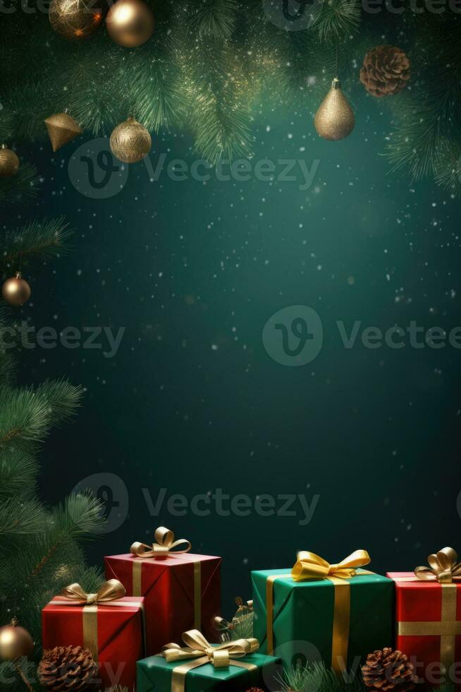 Christmas frame with xmas tree on green canvas background. Merry Christmas card. Winter holiday theme. Happy New Year. Space for text. AI generative photo