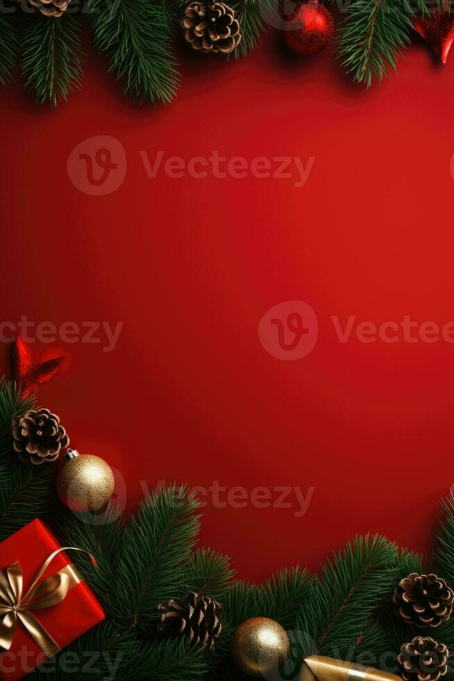 Christmas banner with xmas tree on red canvas background. Merry Christmas card. Winter holiday theme. Happy New Year. Space for text. AI generative photo