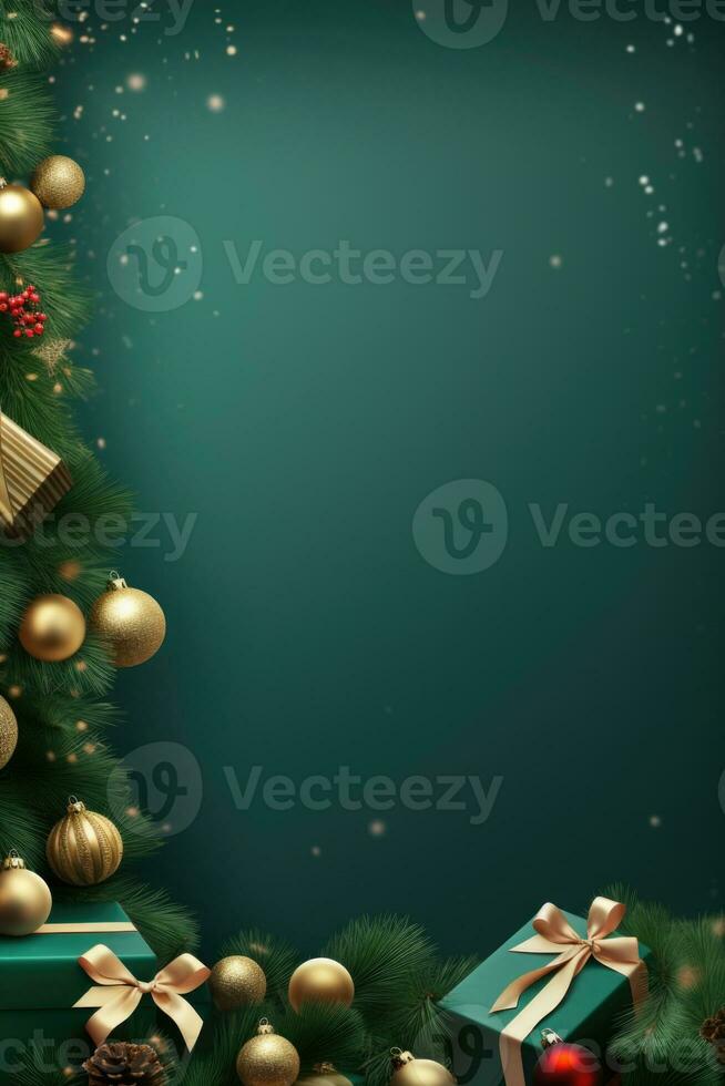 Christmas frame with xmas tree on green canvas background. Merry Christmas card. Winter holiday theme. Happy New Year. Space for text. AI generative photo