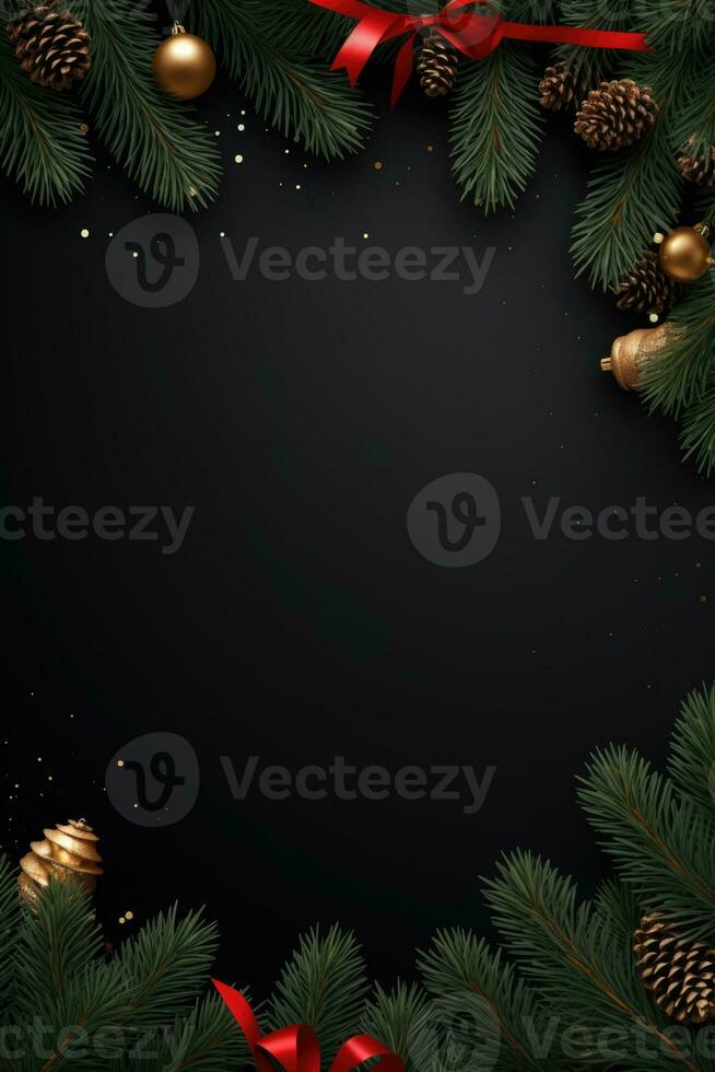 Christmas frame with xmas tree on black canvas background. Merry Christmas card. Winter holiday theme. Happy New Year. Space for text. AI generative photo