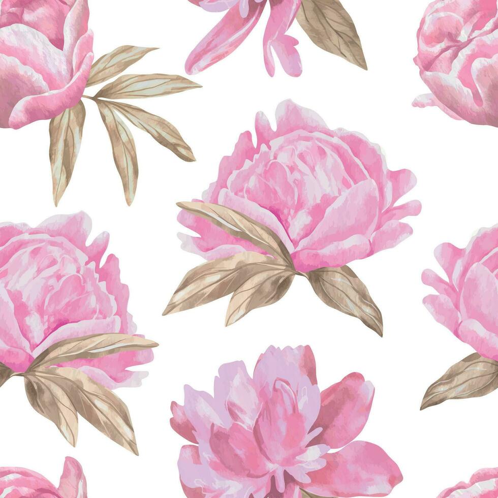 Pink pastel peonies. Vector seamless pattern in watercolor style. Design element for greeting cards, wedding invitations, covers, wrapping paper, textiles, Valentine's day.