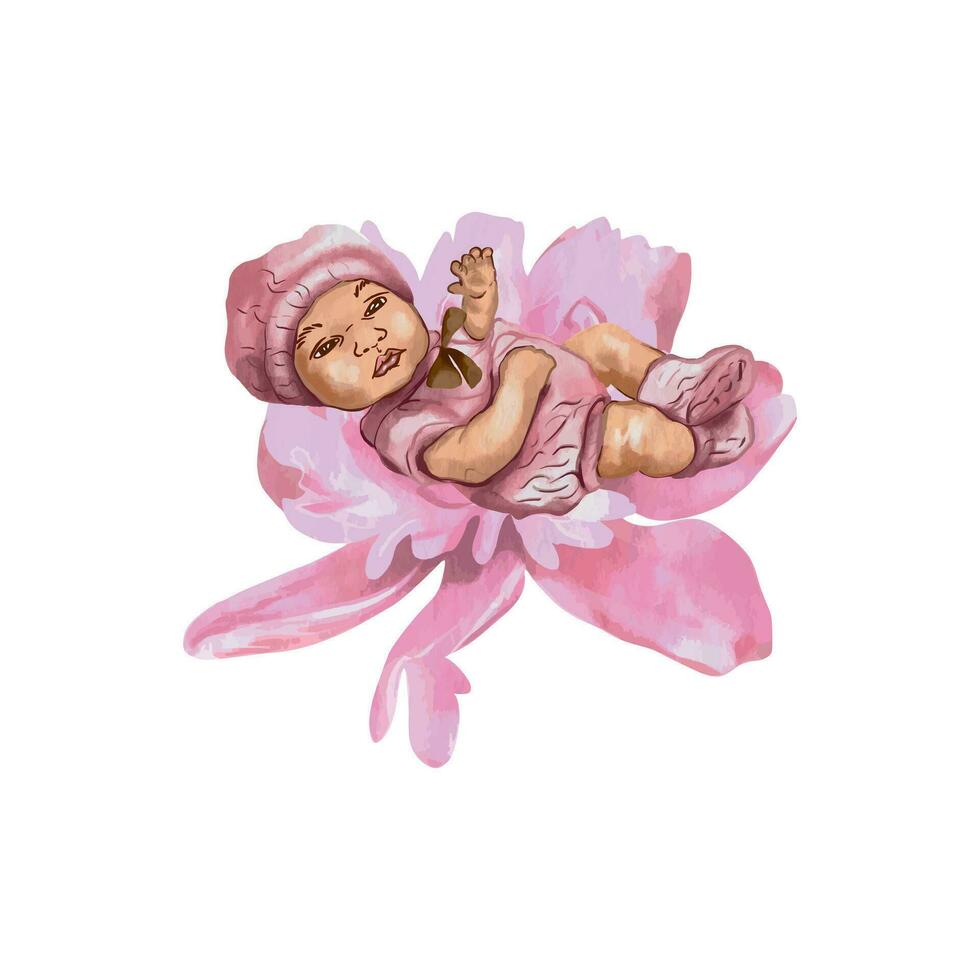 Newborn girl on a pink flower. Vector illustration in watercolor style. Design element for greeting cards, invitations, newborn baby shower, gender party, girl or boy.