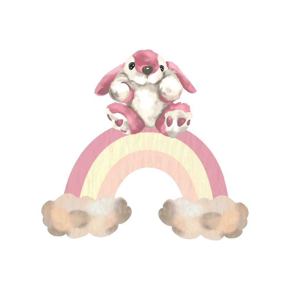 Pink toy bunny on a rainbow with clouds. Vector illustration in watercolor style. Design element for greeting cards, baby shower, invitations, gender party, girl or boy.