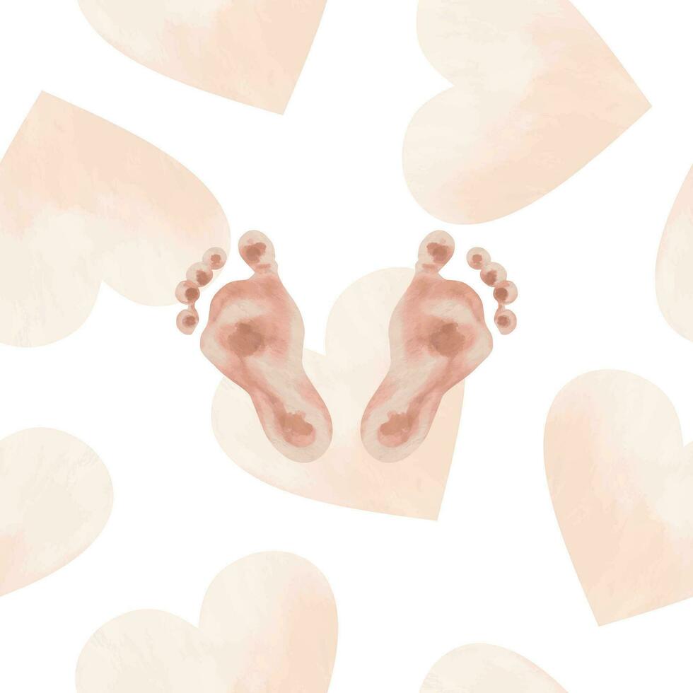 Prints of children's feet on a background of pink hearts. Vector illustration in watercolor style. Design element for greeting cards, invitations, newborn baby shower, gender party, girl or boy.