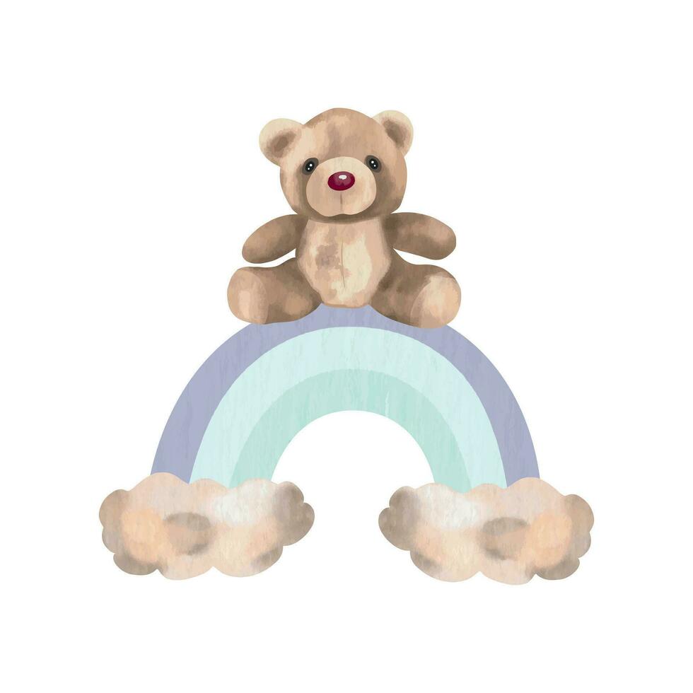Teddy bear toy on a rainbow with clouds. Vector illustration in watercolor style. Design element for greeting cards, invitations, covers, newborn baby shower, gender party, boy or girl.