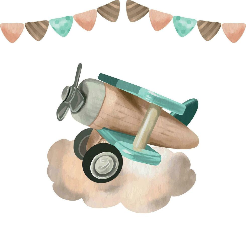 Children's toy airplane on a cloud, flags. Vector illustration in watercolor style. Design element for greeting cards, baby shower, children's room, invitations.