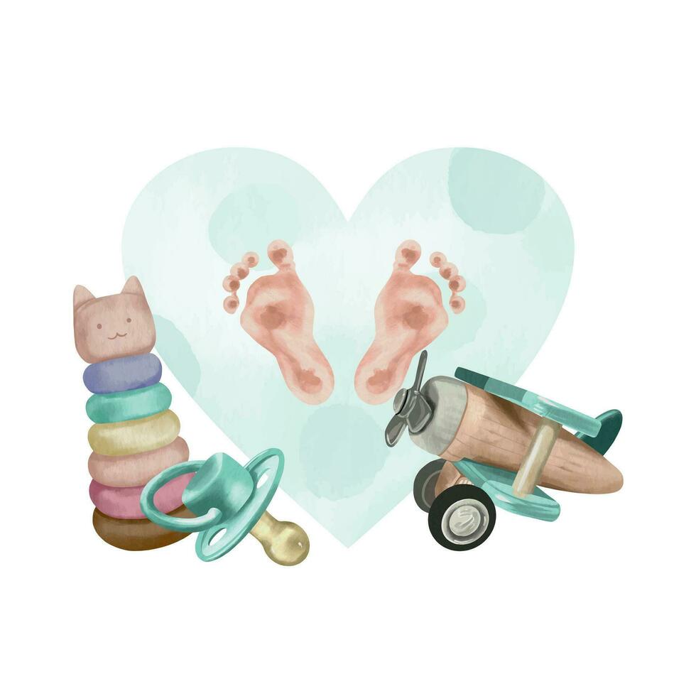 Prints of children's feet, toys - airplane, pyramid, pacifier. Vector illustration in watercolor style. Design element for greeting cards, invitations, newborn baby shower, gender party, girl or boy.