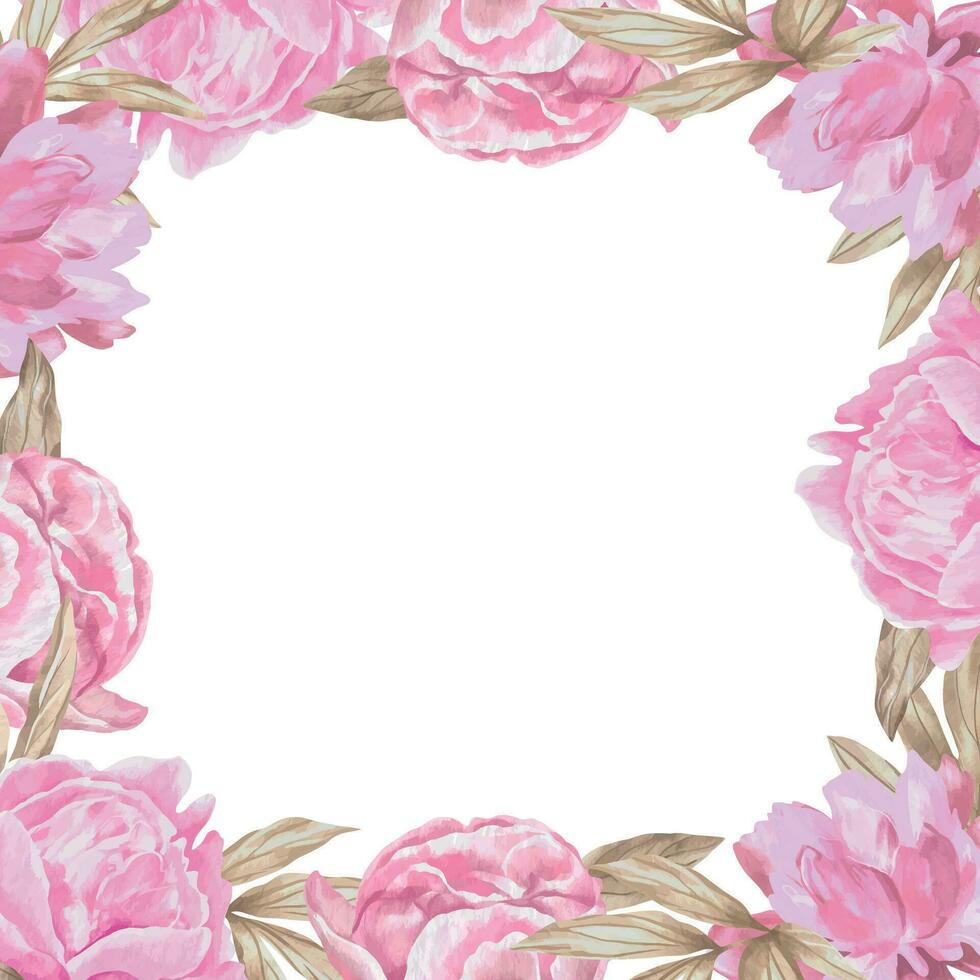 Pastel pink peonies. Vector illustration of a square frame in watercolor style. Design element for greeting cards, wedding invitations, covers, newborn baby shower.