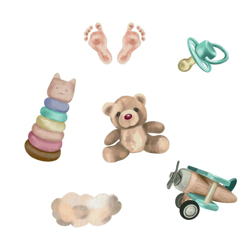 Toys, teddy bear, airplane, pyramid, prints of children's feet. Vector illustration in watercolor style. Design element for greeting cards, invitations, covers, newborn baby shower, gender party.