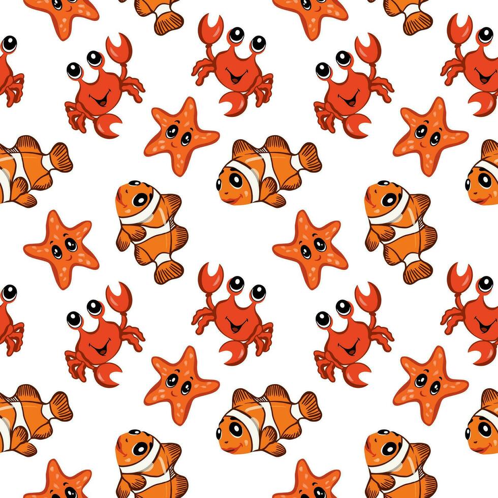 Clownfish, crab, starfish. Vector seamless pattern on the marine theme. Design for covers, greeting cards, summer banners, wrapping paper, textiles, children's clothing.