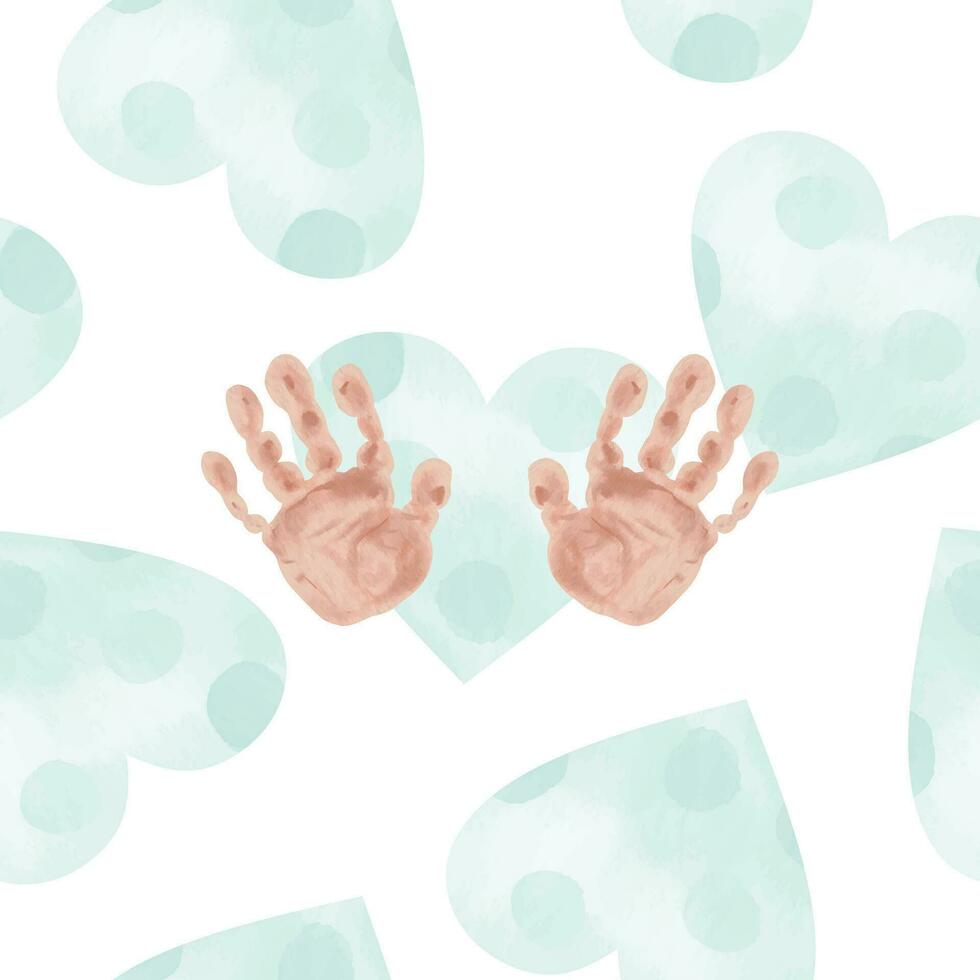 Prints of children's hands on a background of blue hearts. Vector illustration in watercolor style. Design element for greeting cards, invitations, newborn baby shower, gender party, girl or boy.