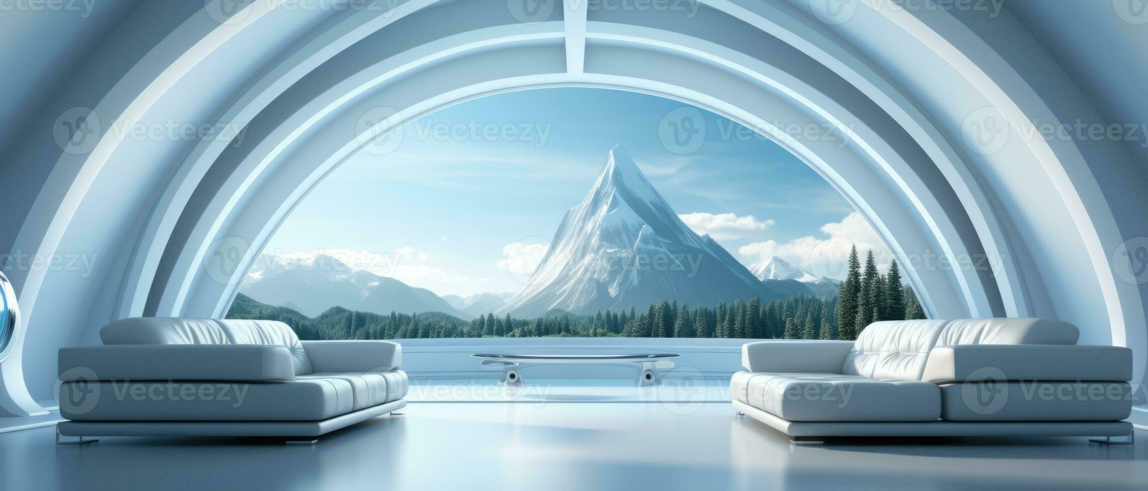 Futuristic white Media room, sci-fi room looking out to an landscape. Big sofa. AI generative photo