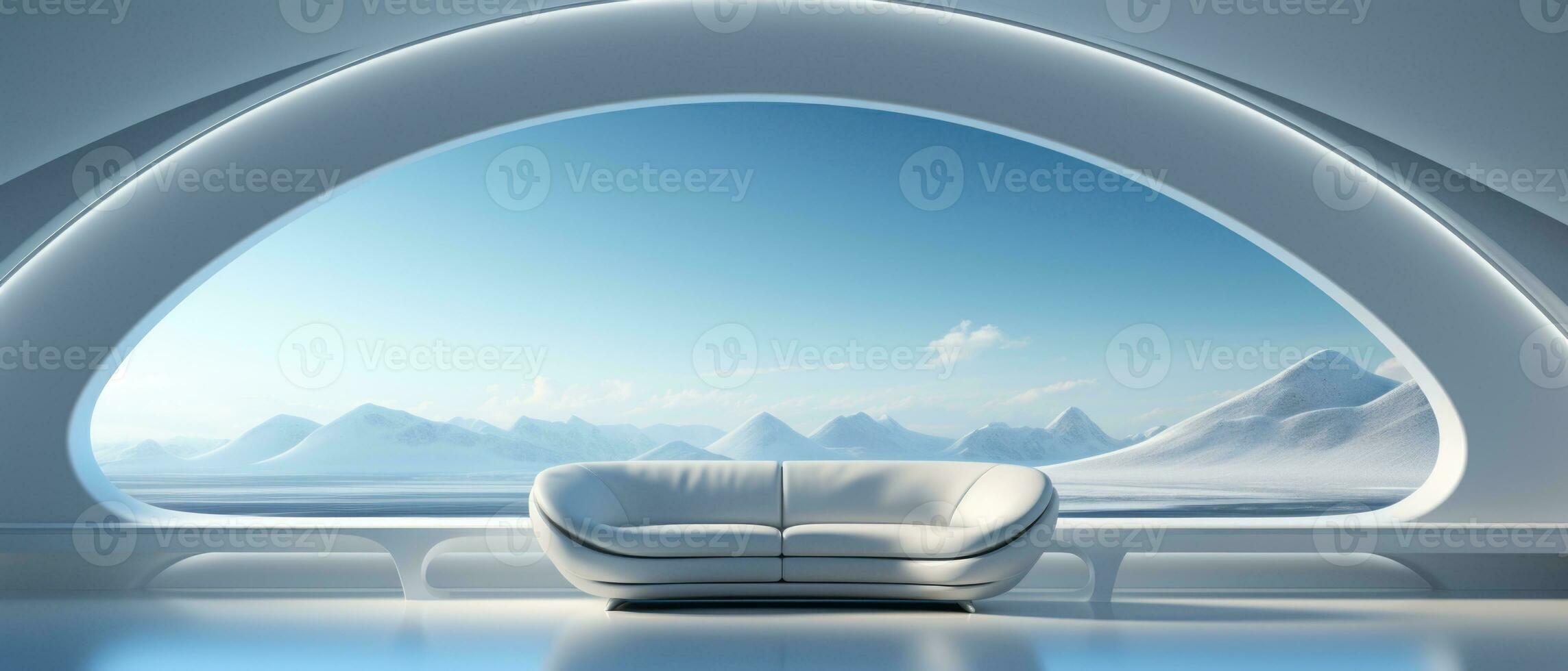 Big white sofa in Futuristic white Living room. Empty space. Sci-fi room looking out to an landscape. AI generative photo
