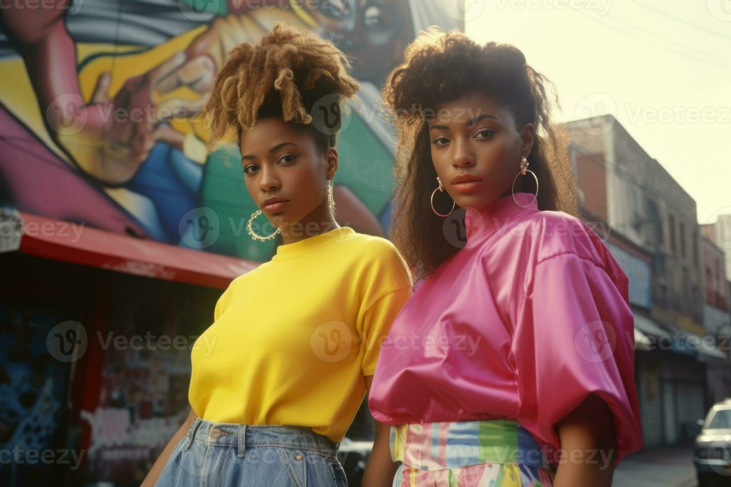 Back to the '90s. Smiles and style Two confident Afro-American ladies. AI generative photo