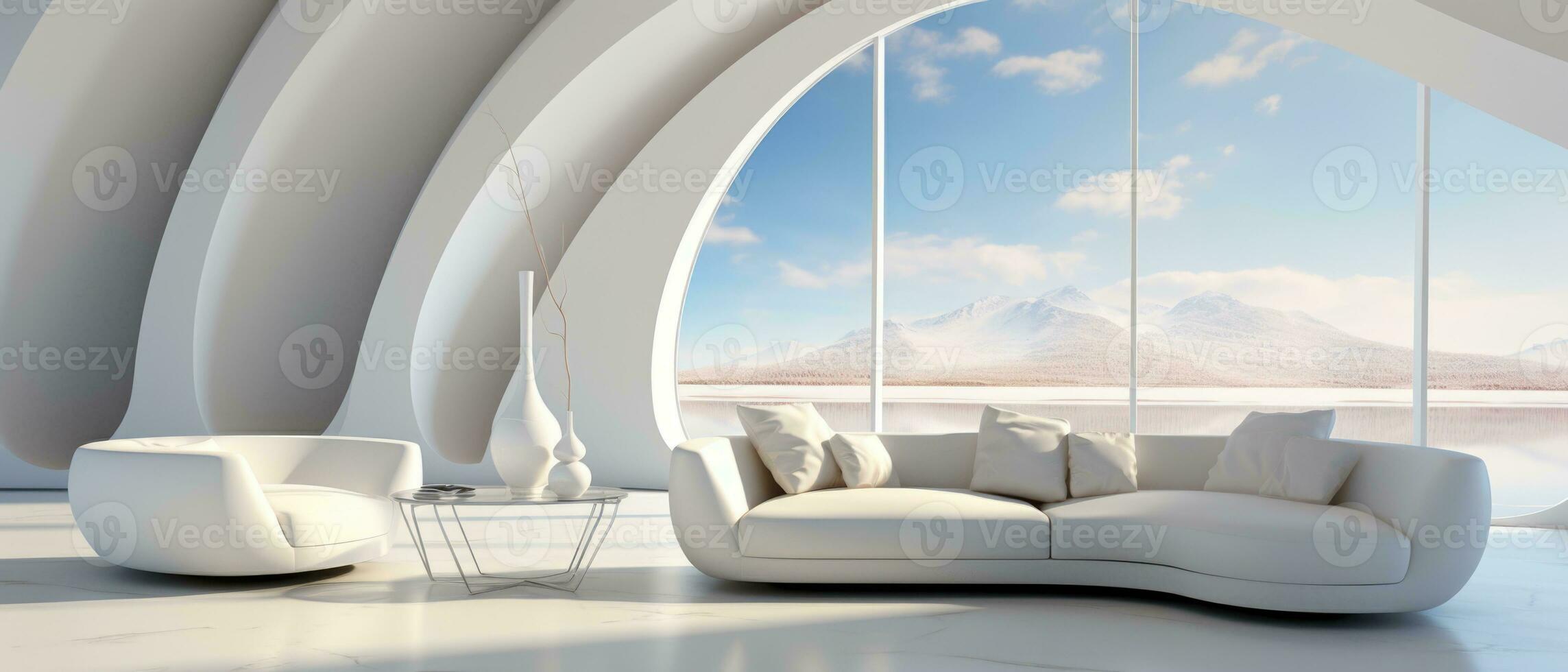 A futuristic white living room with a sprawling sofa, offering a glimpse of the surreal, sci-fi realm just beyond its walls. AI generative photo
