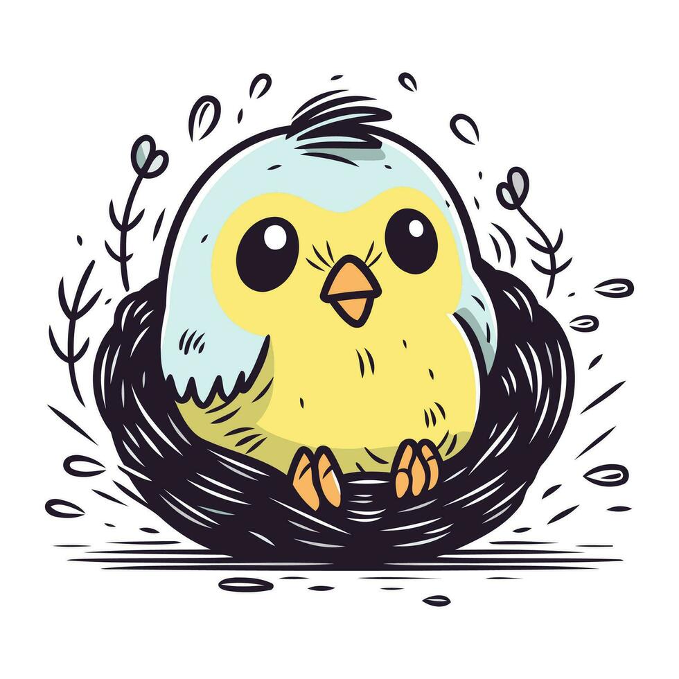 Cute cartoon chick in the nest. Hand drawn vector illustration.