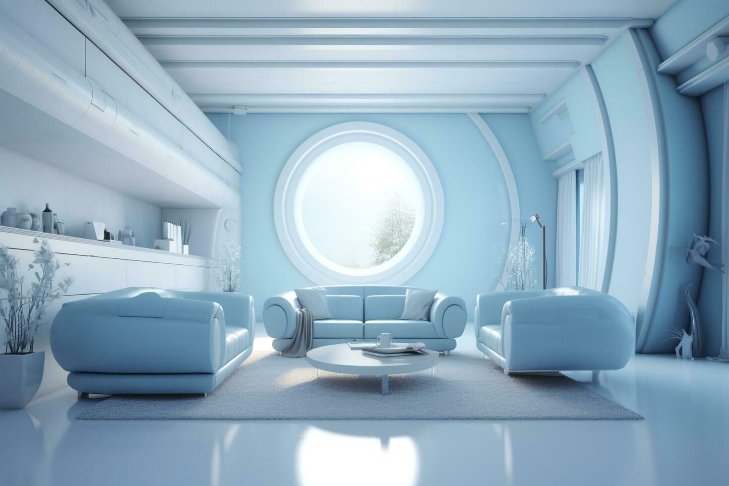 A professional and eye catching light blue with white living room in the metaverse.  AI Generative photo
