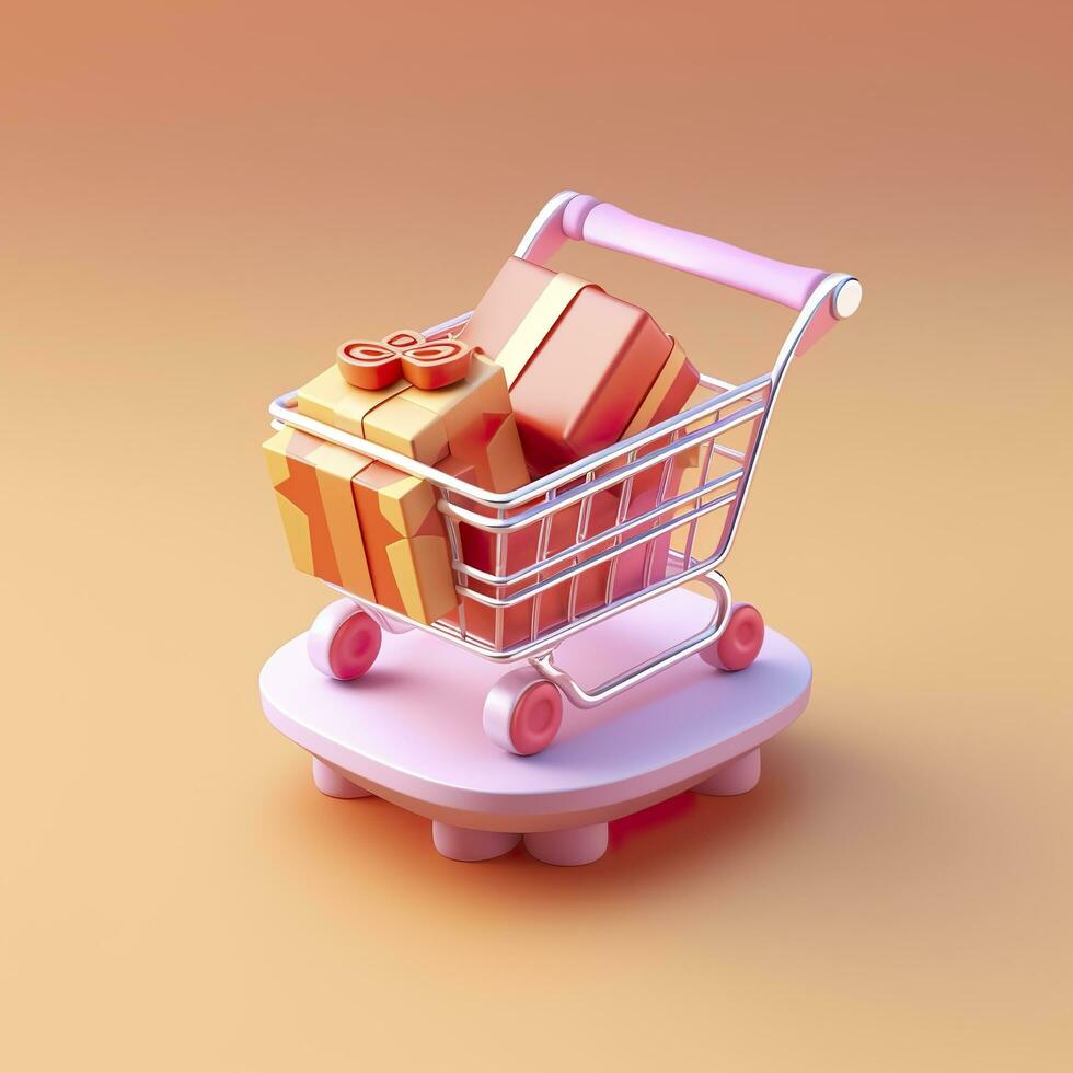 ligero naranja y rosado compras carro con regalo caja icono. ai generativo foto