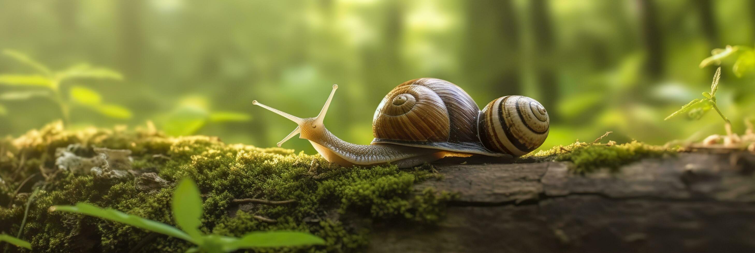 A Journey Through the Forest. Close-up of a Snail in the Forest with Natural Background. AI Generative photo