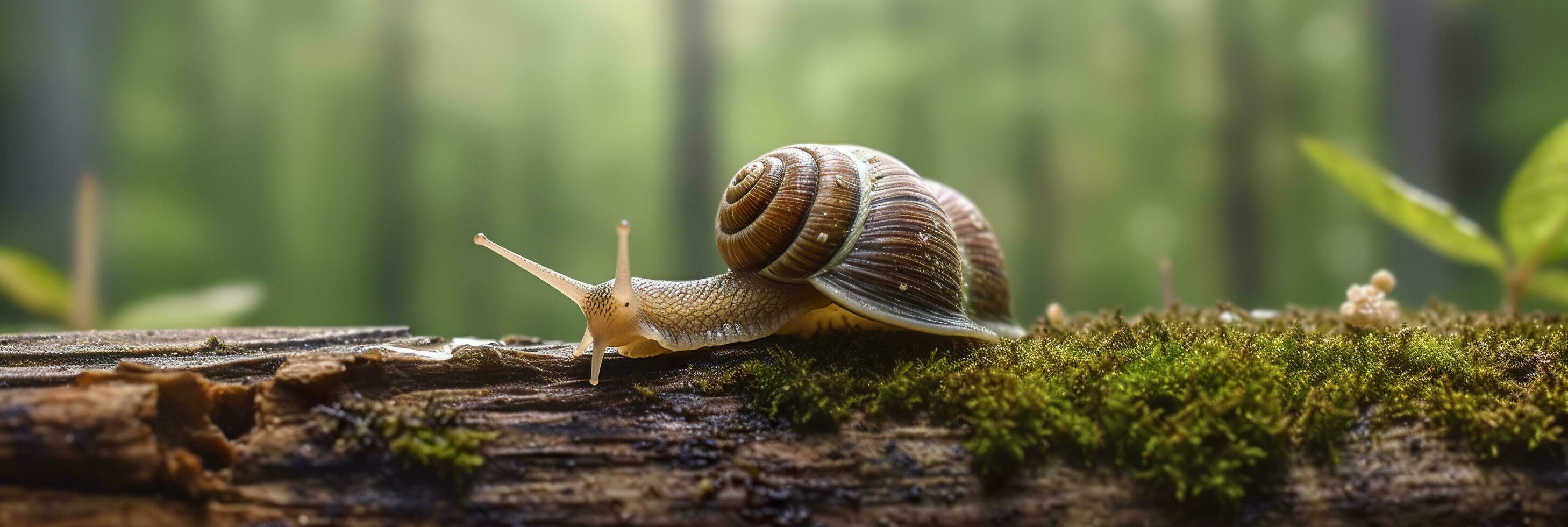 A Journey Through the Forest. Close-up of a Snail in the Forest with Natural Background. AI Generative photo