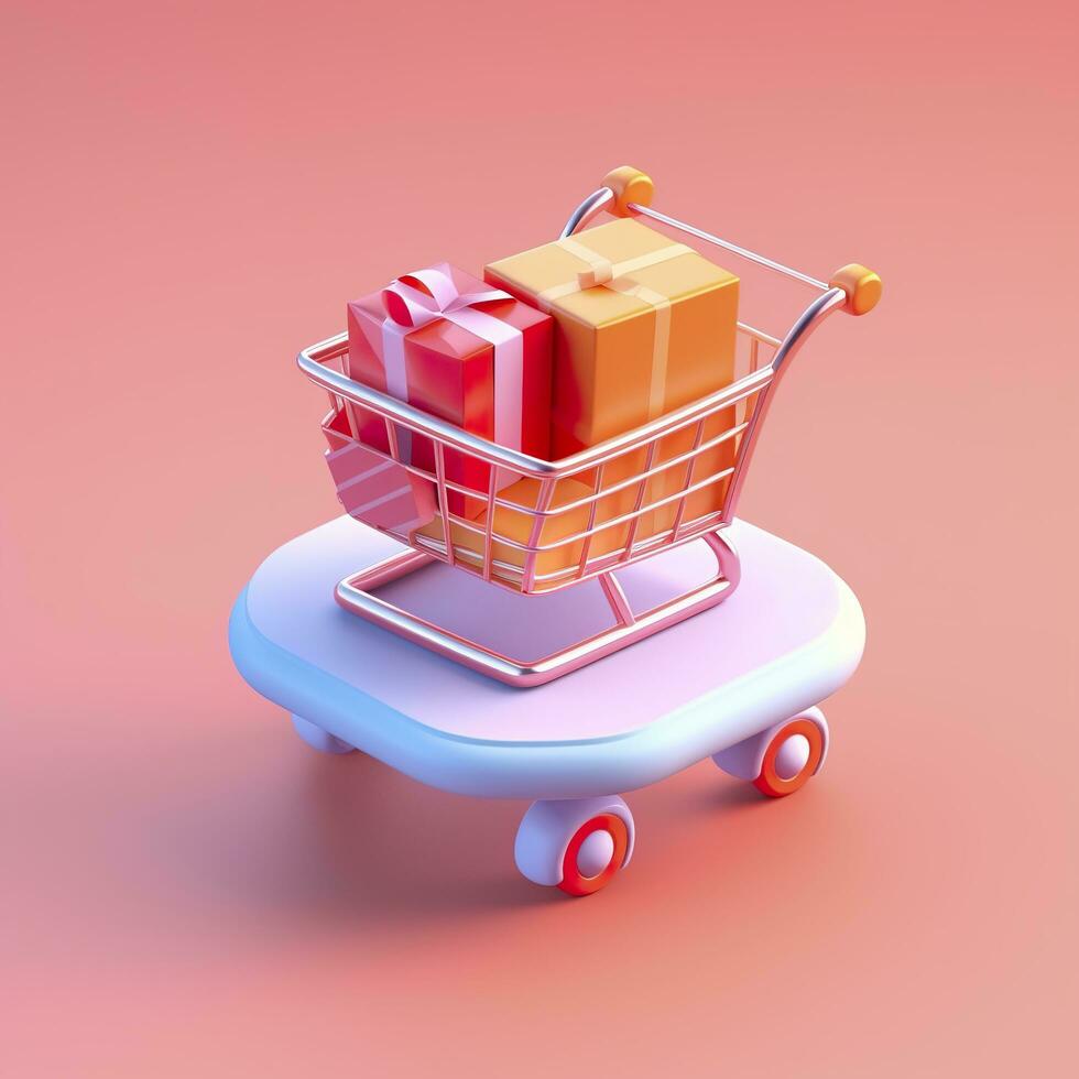 Light Orange and Pink Shopping Cart with Gift Box Icon. AI Generative photo