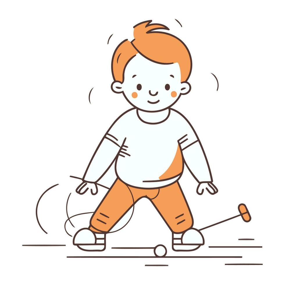 pequeño chico jugando lacrosse. vector ilustración en Delgado línea estilo.