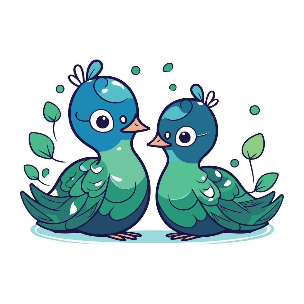 Cute blue doves sitting on the ground. Vector illustration.