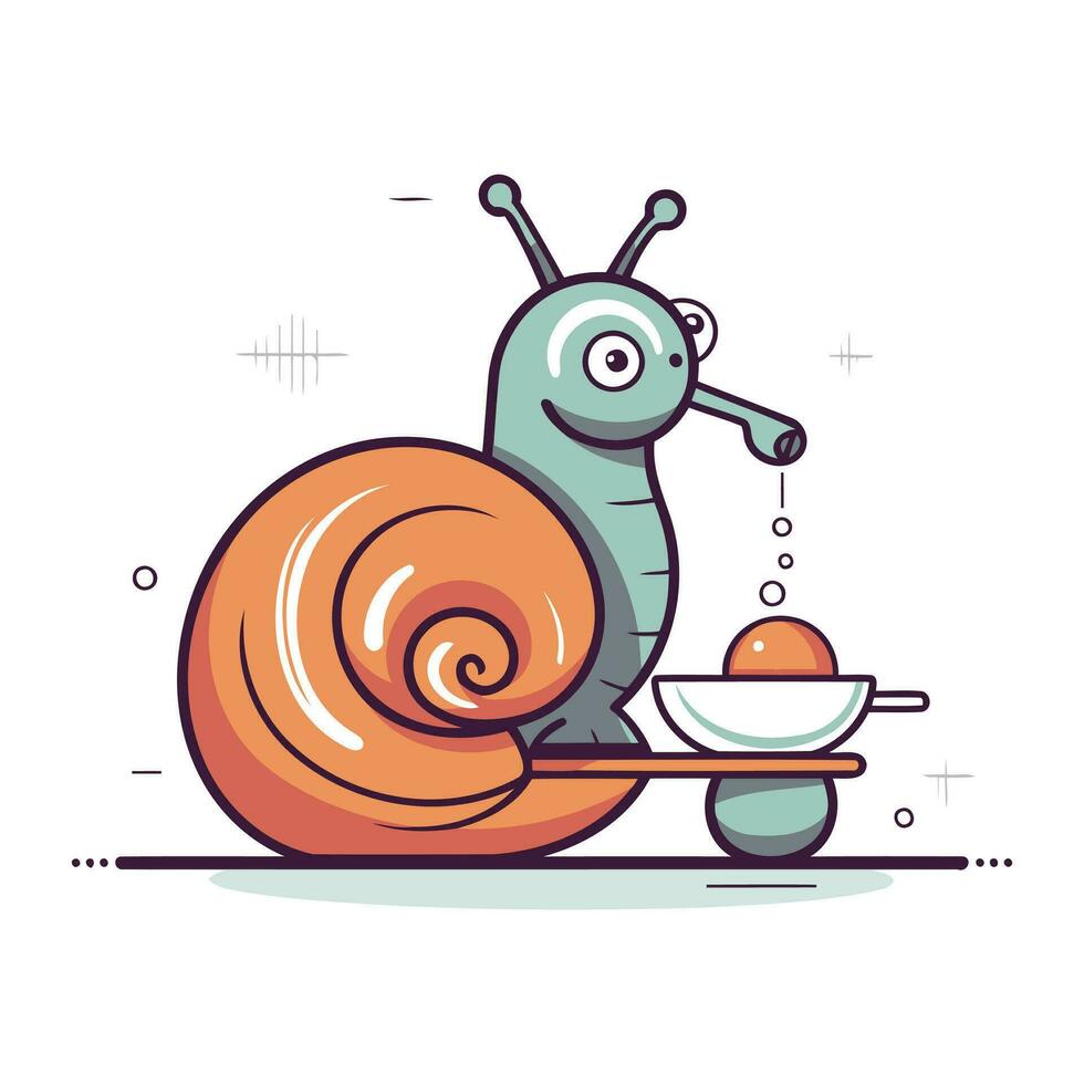 Vector illustration of a funny cartoon snail with a spoon in its mouth.
