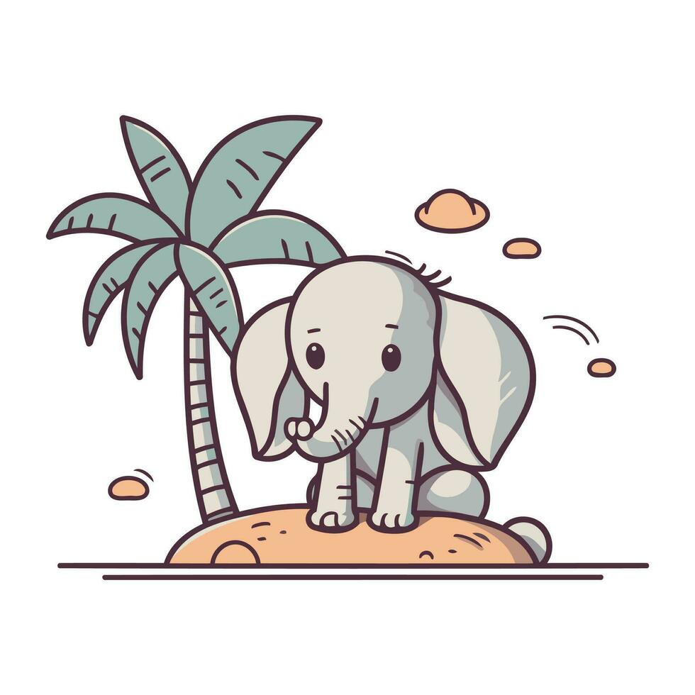 Vector illustration of cute baby elephant sitting on the beach with palm tree.