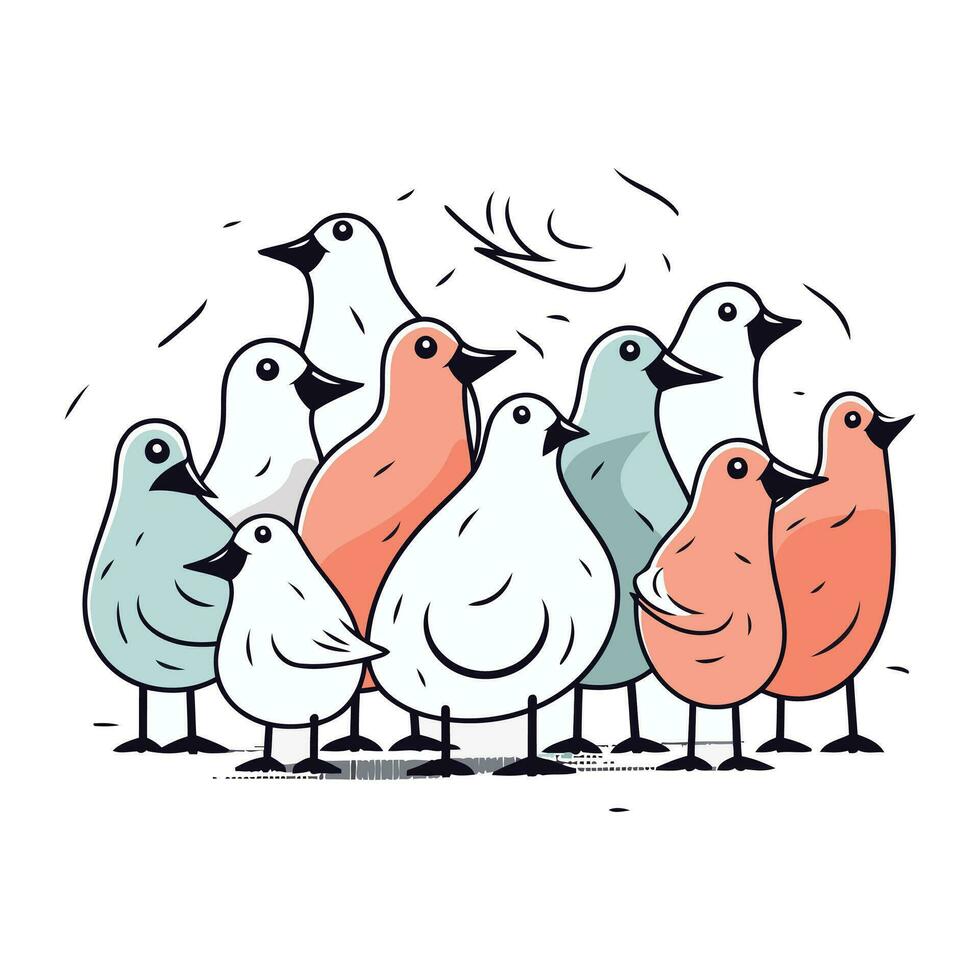 Vector illustration of a group of pigeons standing in line on a white background.