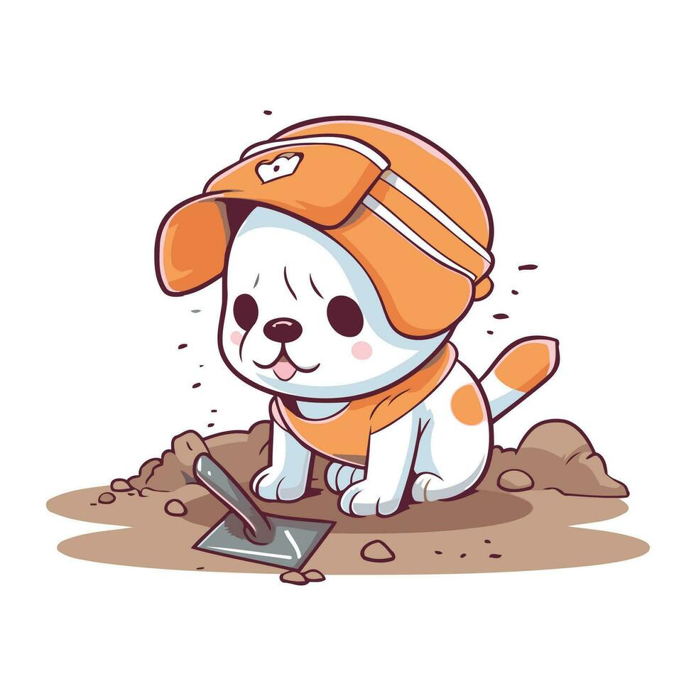 linda dibujos animados perro excavación el suelo con pala. vector ilustración.