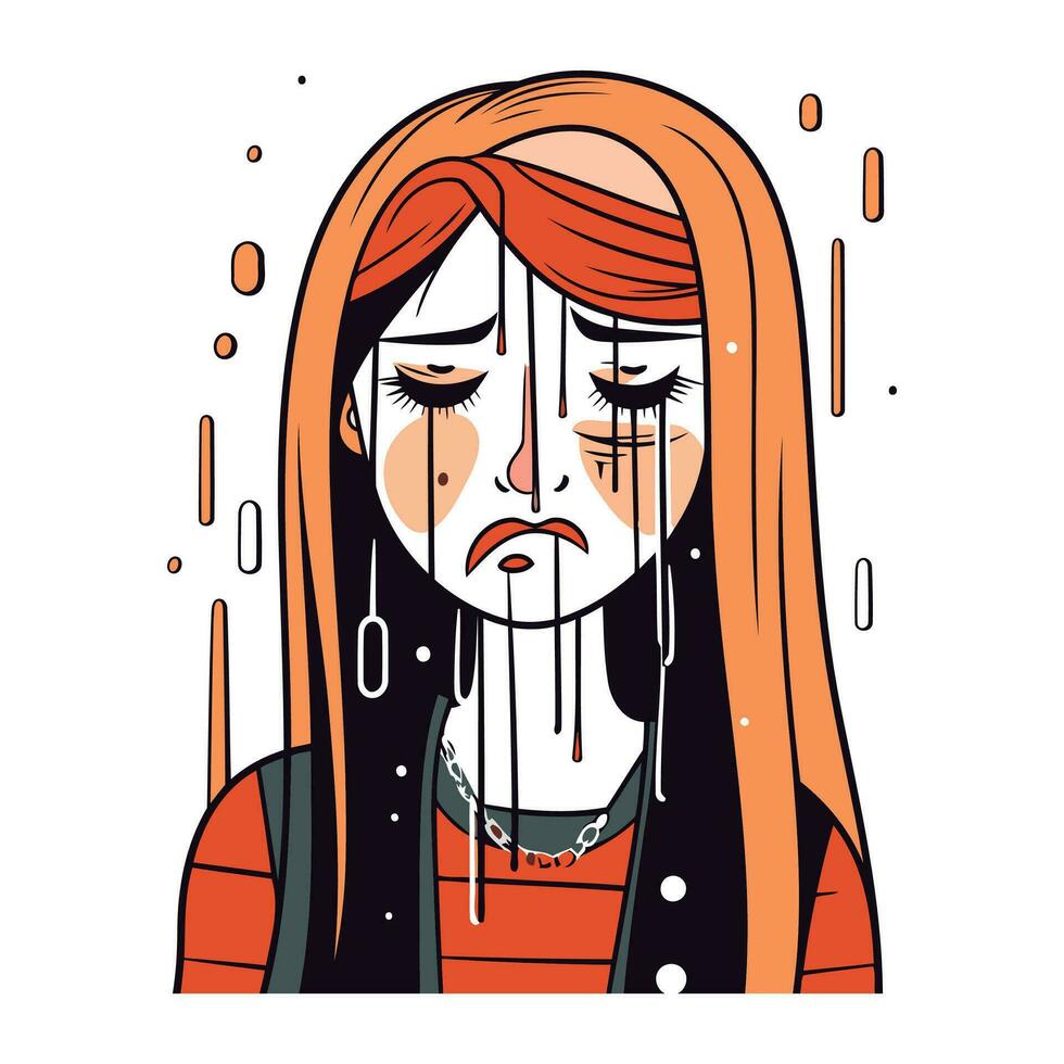 Sad girl with tears in her face. Vector illustration in cartoon style.