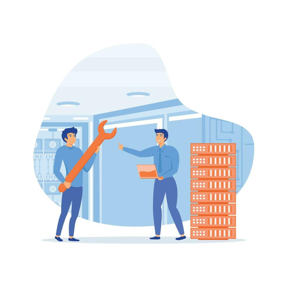 Data center. Service engineers administrators set up data centers, flat vector modern illustration