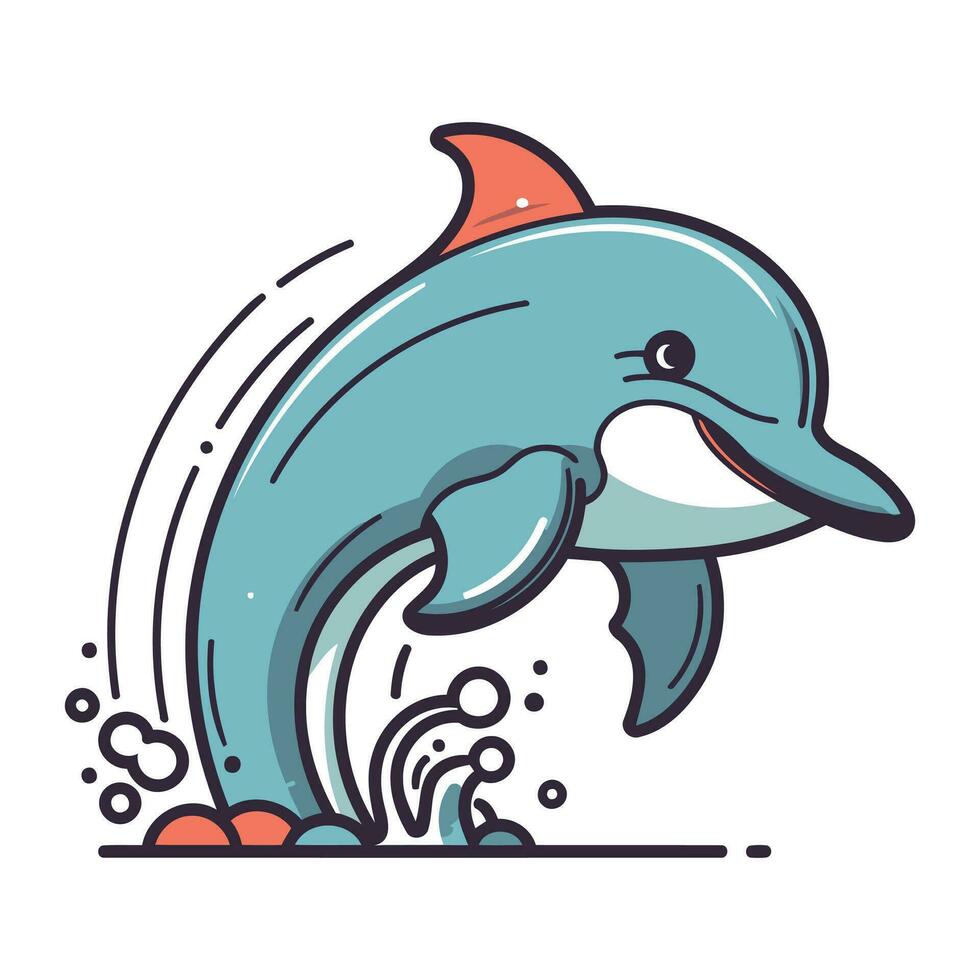 Cute dolphin jumping out of water. Vector illustration in cartoon style.