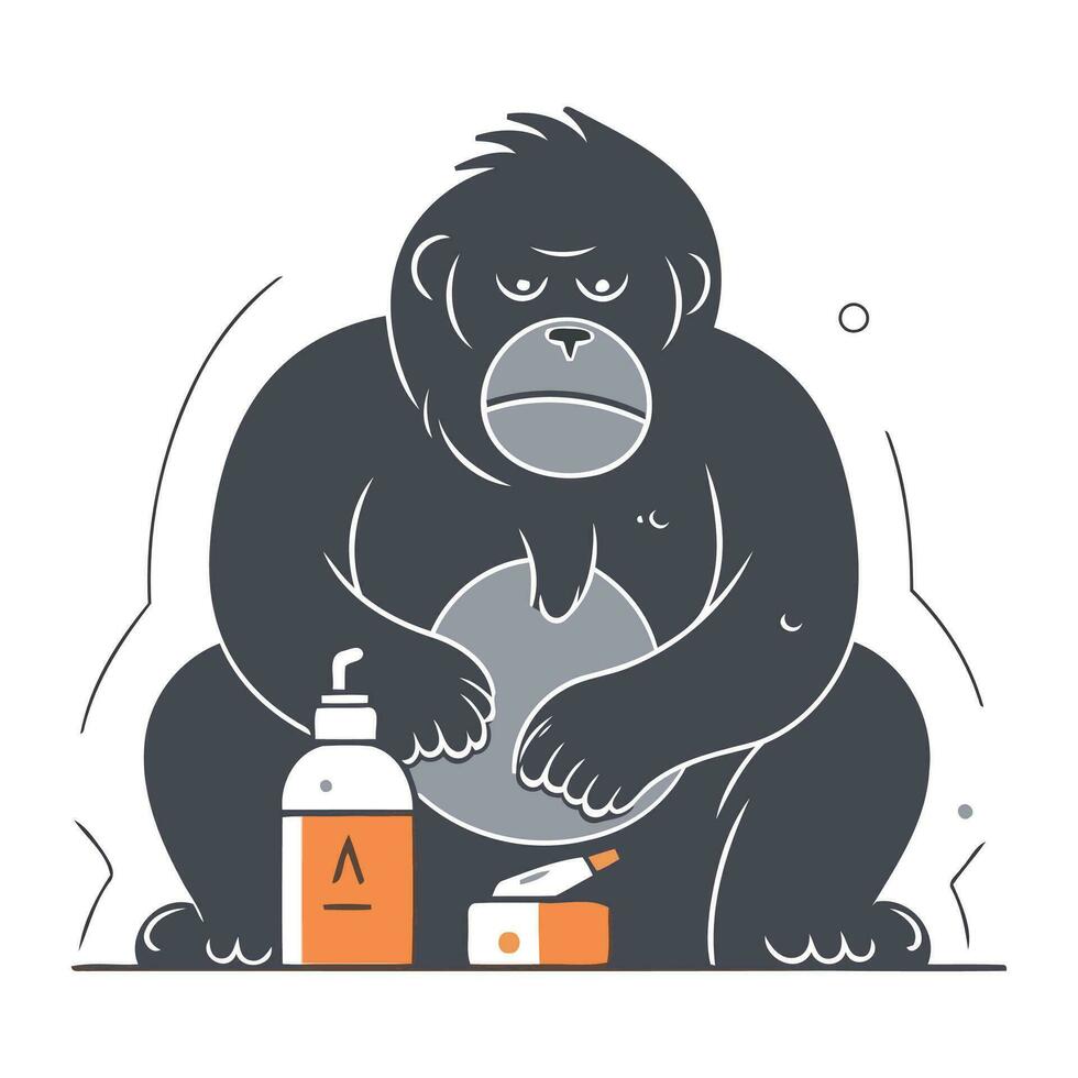 Vector illustration of a gorilla with a bottle of antiseptic.