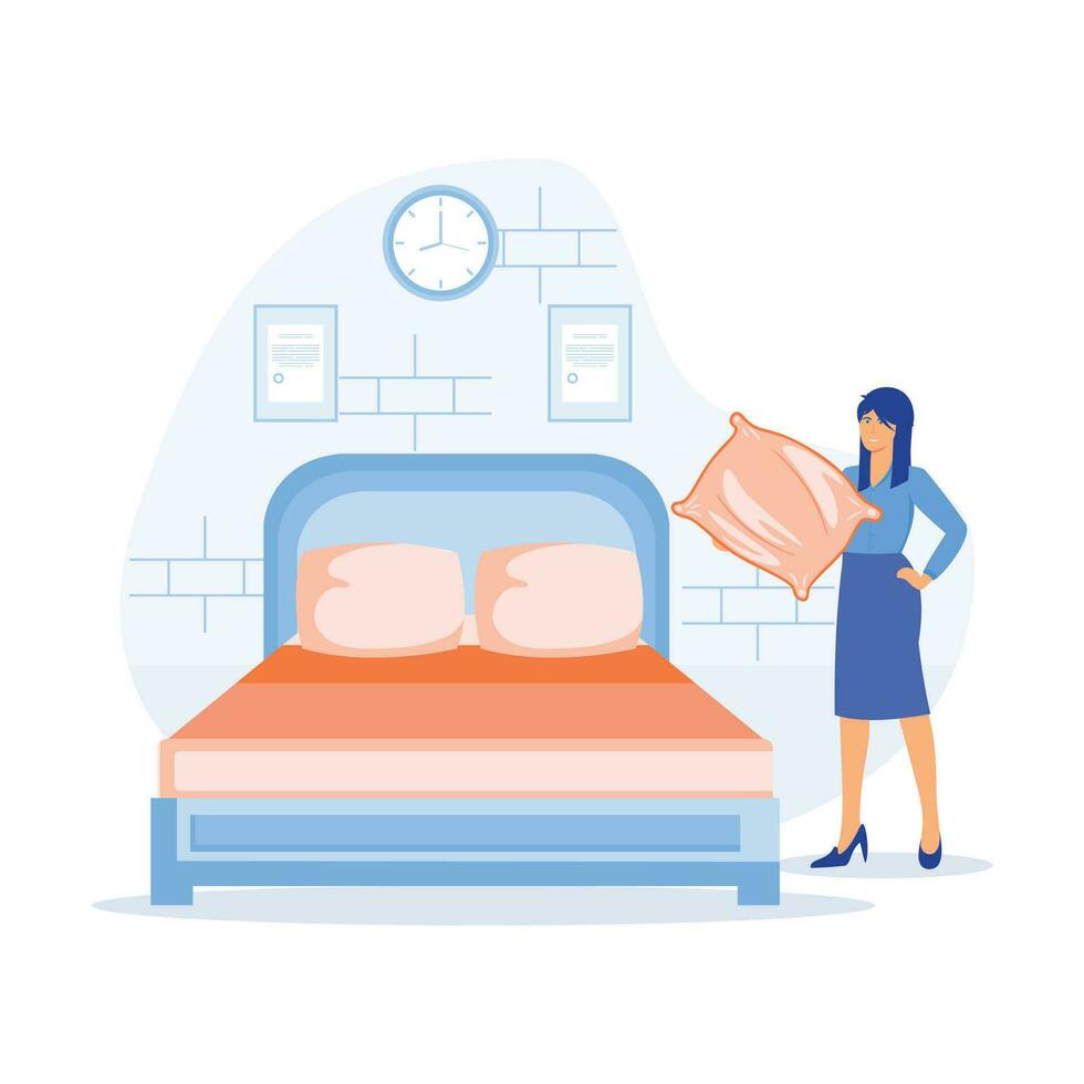 ama de casa en uniforme haciendo cama en habitación, limpieza dama, habitación servicio, desayuno en cama, hotel gestión, hospitalidad vector