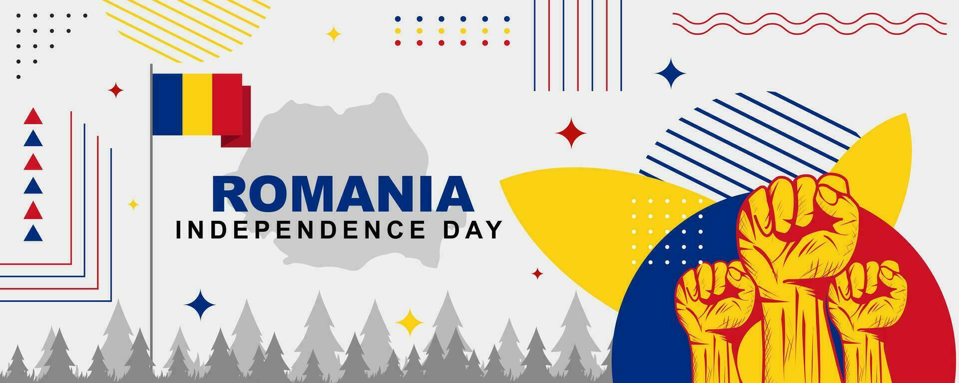 Romanian independence day banner celebrated on December 1, romanian national day banner with flag, map and clenched fist in classic retro theme style. Vector illustration