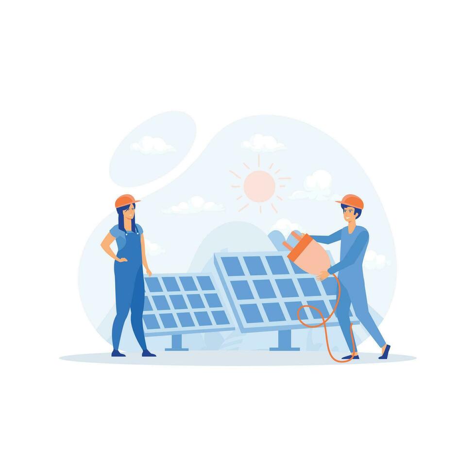 Renewable energy. alternative energy resource with solar panels, Solar panel power and Engineer, flat vector modern illustration