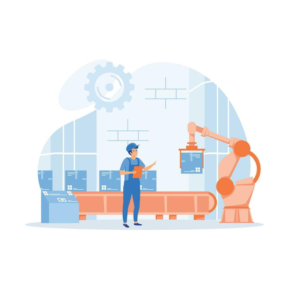 Smart industry. Industry 4.0 factory works robotic arm. Smart industrial revolution, flat vector modern illustration