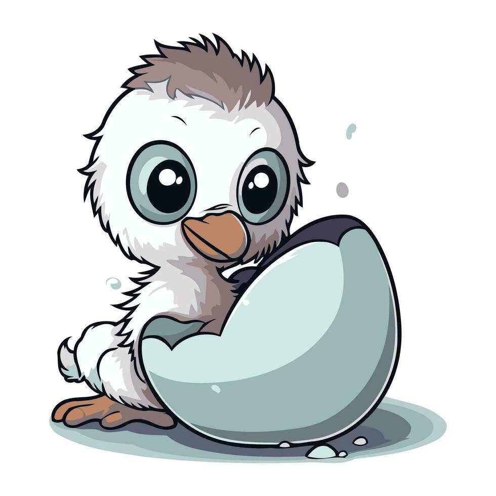 Cute duckling sitting in an egg shell. Vector illustration.