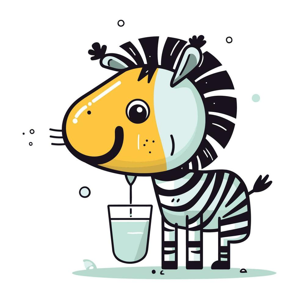 Cute cartoon zebra character with glass of milk. Vector illustration.