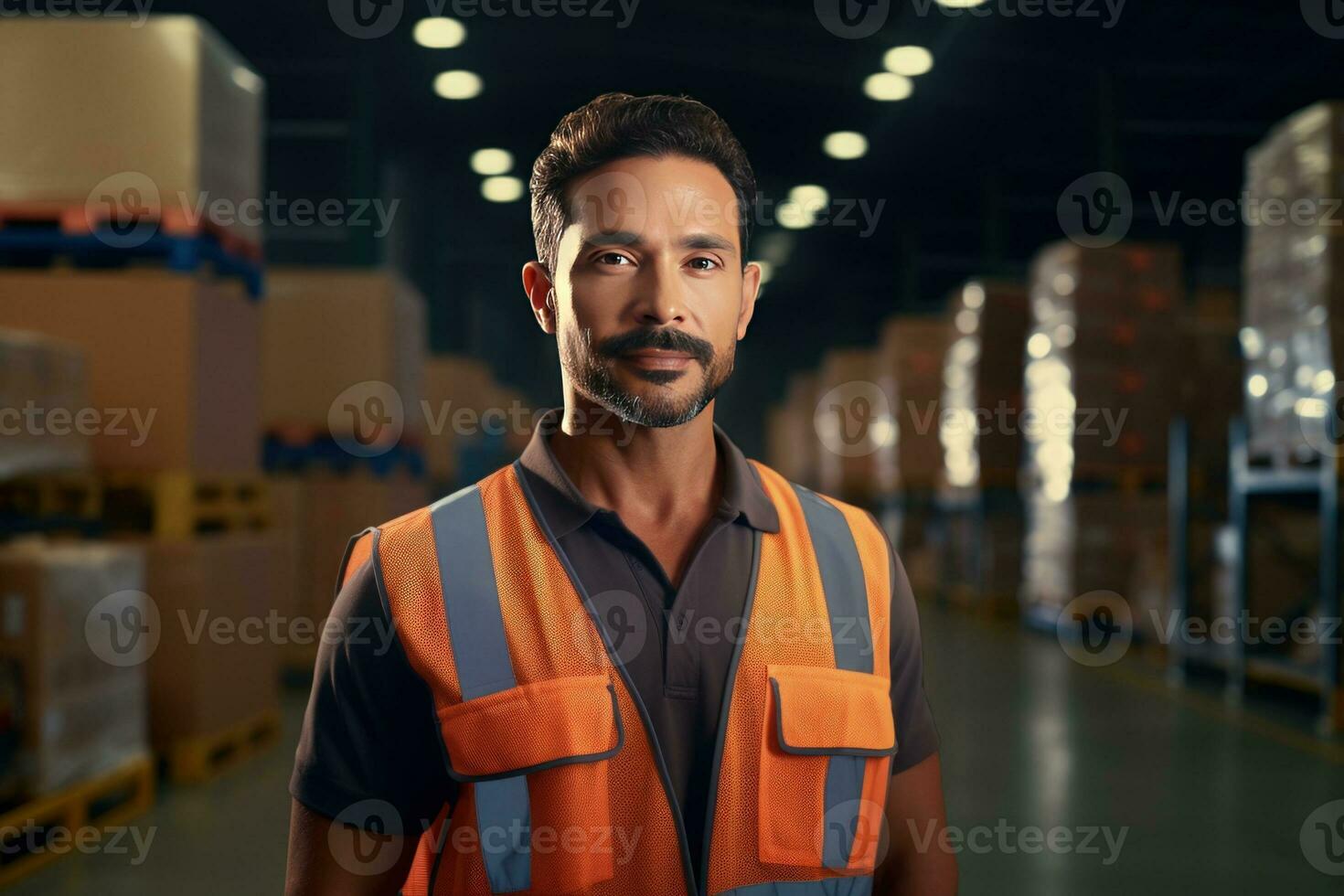 Mexican latin american hispanic warehouse worker in distribution delivery center. Storehouse package supervisor. AI generative photo